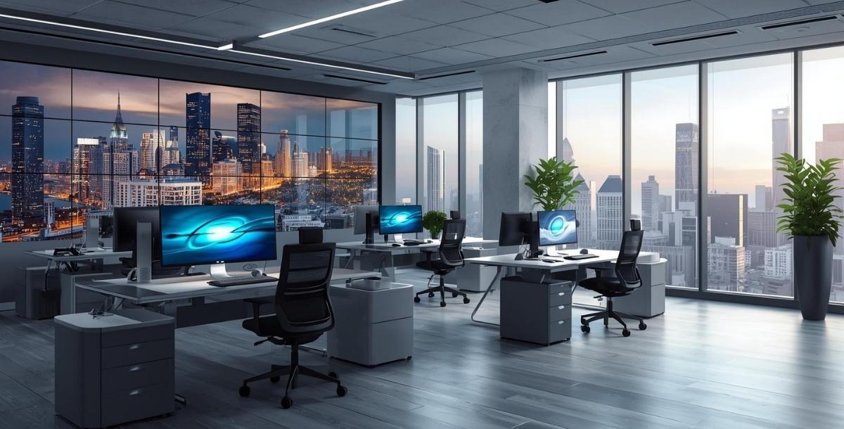 Pametna kancelarija u modernoj poslovnoj zgradi sa radnim stolovima, računarima i pogledom na grad