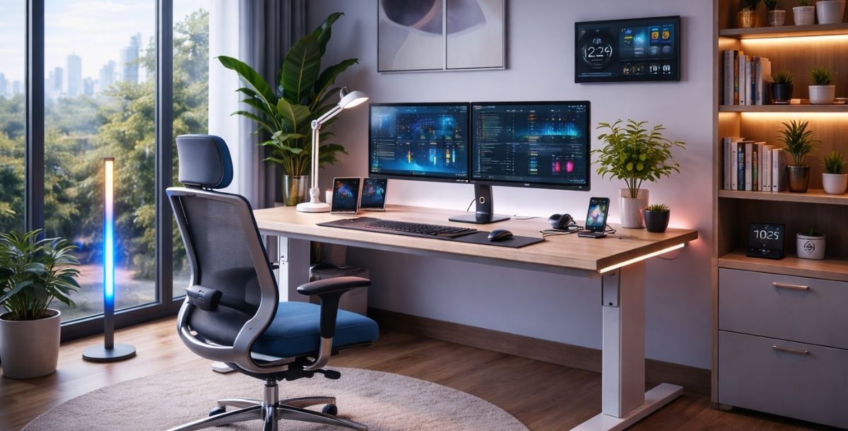 Pametna kancelarija sa podesivim radnim stolom, dva monitora, ergonomskom stolicom i modernim pametnim uređajima