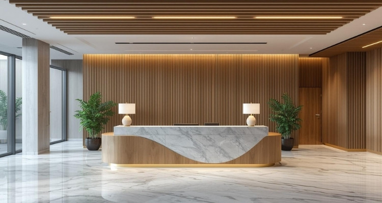 Recepcija moderne kancelarije sa velikim pultom od drveta i mermera, vertikalnim drvenim panelima sa pozadinskim osvetljenjem, dekorativnim lampama i biljkama, u prostranom i svetlom enterijeru.