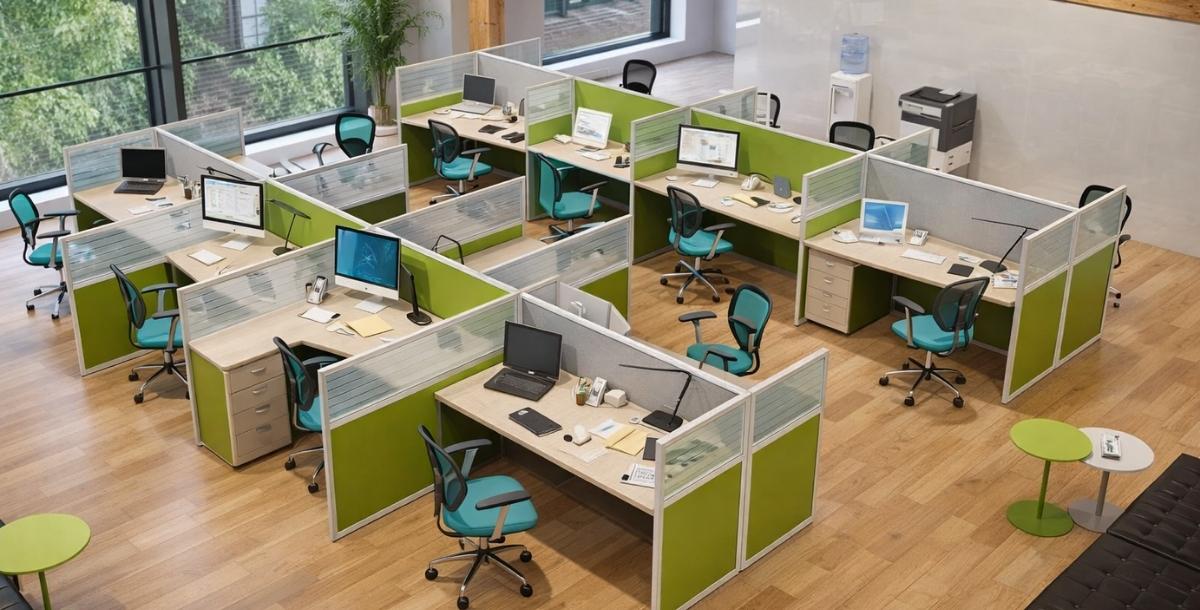 Moderne radne stanice u otvorenoj kancelariji sa pregradama, računarima i ergonomskim stolicama raspoređenim u organizovan radni prostor.