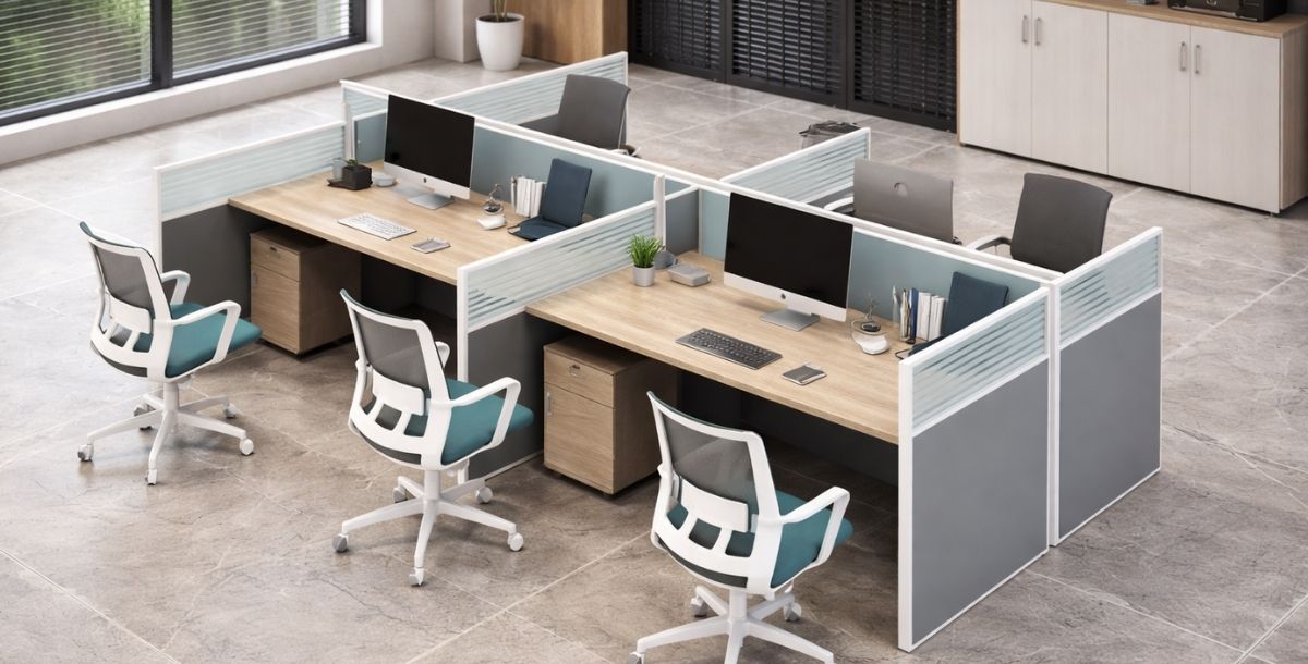 Radne stanice u modernoj kancelariji sa pregradama, četiri povezana radna mesta sa računarima i ergonomskim stolicama u otvorenom poslovnom prostoru