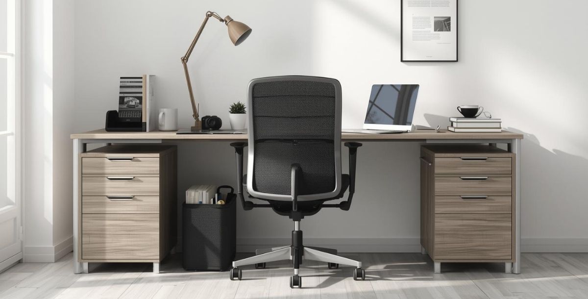 Minimalistički radni prostor sa kancelarijskim stolom, ergonomskom stolicom, fiokama i laptopom na urednom radnom mestu