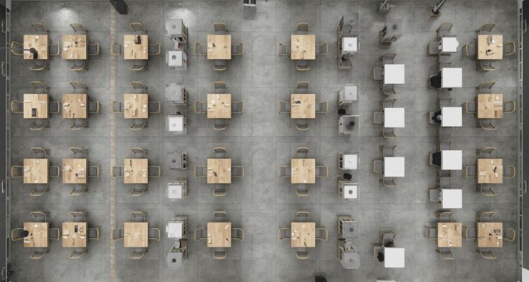 Opremanje restorana pravilnim rasporedom stolova i stolica prikazano iz ptičje perspektive