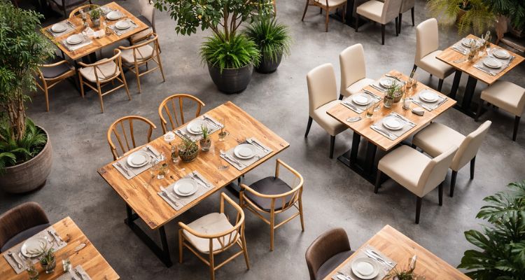 Opremanje restorana raspored stolova i stolica prikazan iz ptičje perspektive sa jasno definisanim prolazima između stolova