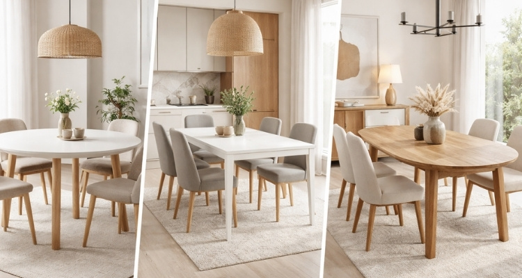 Trpezarijski stolovi u svetlom, minimalističkom prostoru sa drvenim detaljima, prirodnim osvetljenjem i neutralnim tonovima.