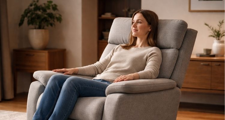 Osoba sedi u modernoj relax fotelji sa ergonomskom podrškom za leđa i ruke u toplom, uređenom dnevnom boravku