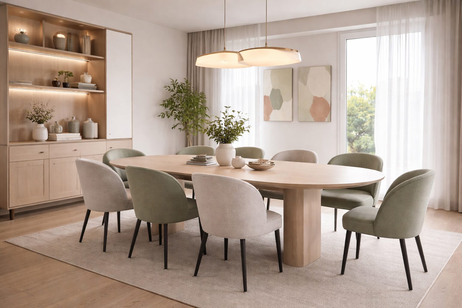 Prostrana moderna trpezarija sa velikim ovalnim drvenim stolom i osam tapaciranih stolica u zelenim i sivim tonovima, uz veliki prozor, viseće lampe i ugradni ormarić sa osvetljenjem.