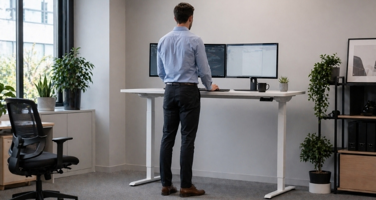 Muškarac snimljen s leđa radi za podesivim stolom sa dva monitora u modernoj kancelariji sa prirodnim osvetljenjem