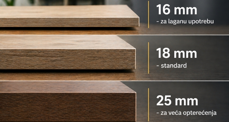 Ploče za stolove različitih debljina 16 mm, 18 mm i 25 mm prikazane u poređenju radi izbora prema opterećenju