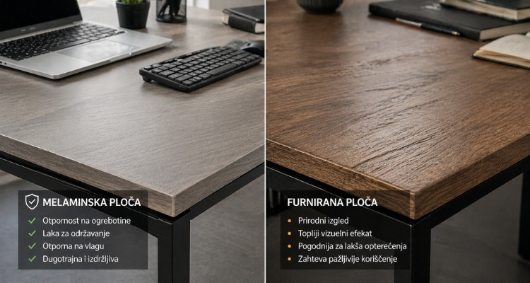 Ploče za stolove u split screen poređenju, melaminska ploča otporna na habanje i furnirana ploča sa prirodnim izgledom i toplijom teksturom