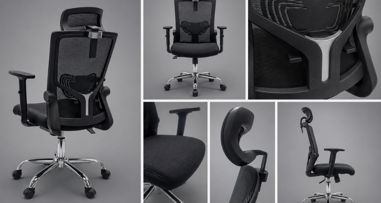Radna stolica M 216 sa mrežastim naslonom, lumbalnom podrškom i podesivim elementima prikazana iz više uglova na sivoj pozadini