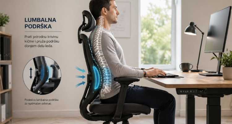 Muškarac sedi za radnim stolom na ergonomskom kancelarijskom stolcu sa istaknutom lumbalnom podrškom koja prati prirodnu krivinu kičme i pruža oslonac donjem delu leđa.