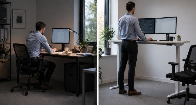 Podeljeni prikaz muškarca u kancelariji, levo sedi za običnim stolom sa lošijim držanjem, desno stoji za podesivim stolom sa pravilnom ergonomijom