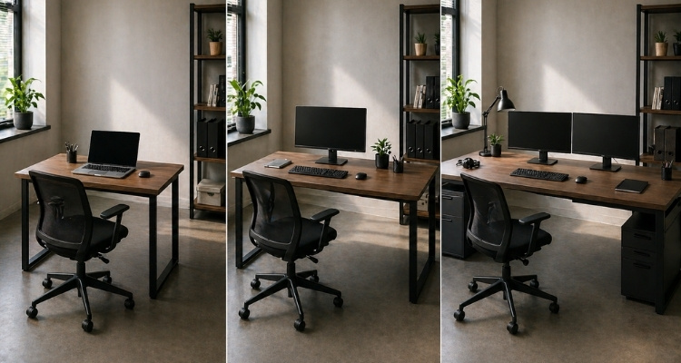 Ploče za stolove različitih dimenzija prikazane kroz mali, srednji i veliki radni sto sa različitim nivoima opreme