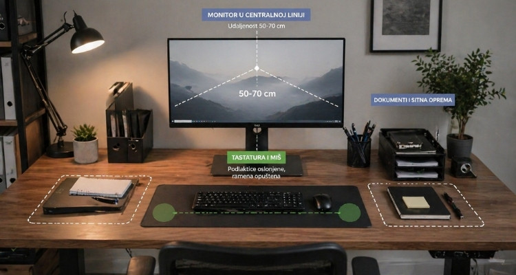 Ergonomski organizovan radni sto sa monitorom u centralnoj liniji, pravilno postavljenom tastaturom i mišem i jasno odvojenim radnim zonama