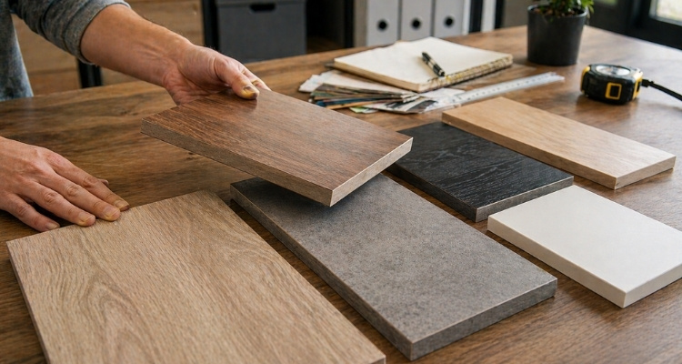 Ploče za stolove različitih materijala i debljina u procesu odabira na radnom stolu