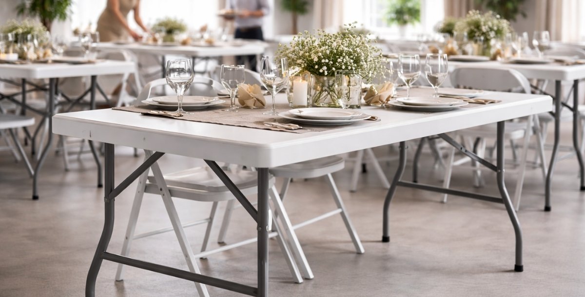 Pravougaoni sklopivi stolovi postavljeni u svetloj sali za događaje, pripremljeni za proslavu sa tanjirima, čašama i jednostavnom dekoracijom dok osoblje priprema prostor.
