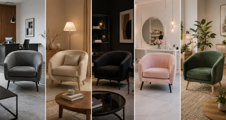 Pet klub fotelja u različitim bojama prikazano u split screen enterijerima za kancelarije, apartmane, salone i lounge prostore.