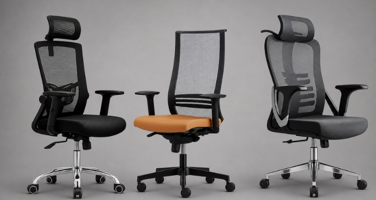 Tri radne stolice sa mrežastim naslonom i ergonomskim dizajnom na sivoj pozadini, različiti modeli za kancelariju i rad od kuće