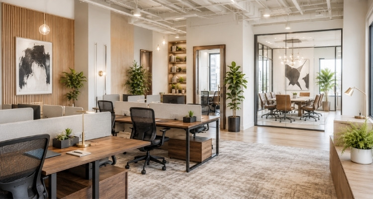Svetao coworking enterijer sa drvenim radnim stolovima, ergonomskim kancelarijskim stolicama, biljkama i staklenom salom za sastanke.