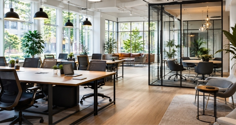 Radne stolice u svetlom coworking prostoru