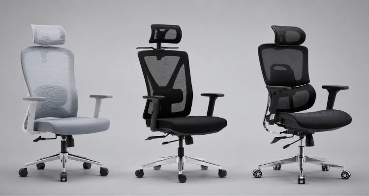 Tri ergonomske kancelarijske stolice sa mrežastim naslonom i naslonom za glavu na sivoj studijskoj pozadini.