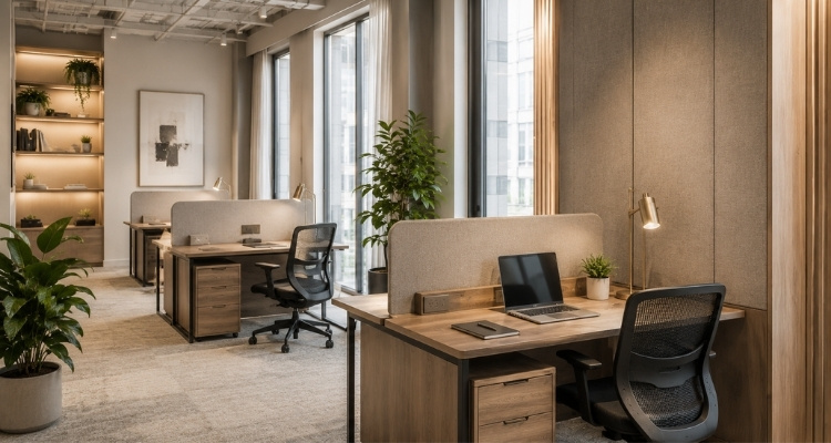 Tiha focus zona u coworking prostoru sa individualnim radnim mestima, akustičnim pregradama, ergonomskim stolicama i prirodnim svetlom.