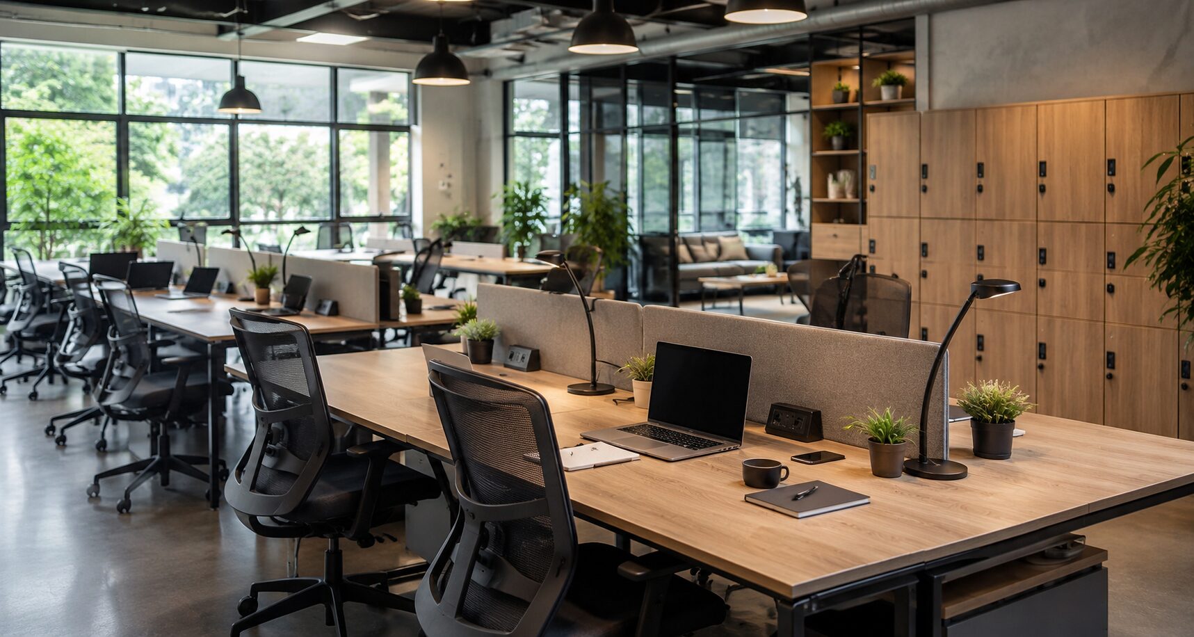 Hot desk zona u coworking prostoru sa zajedničkim radnim stolovima, ergonomskim stolicama, laptopovima i ormarićima za odlaganje.