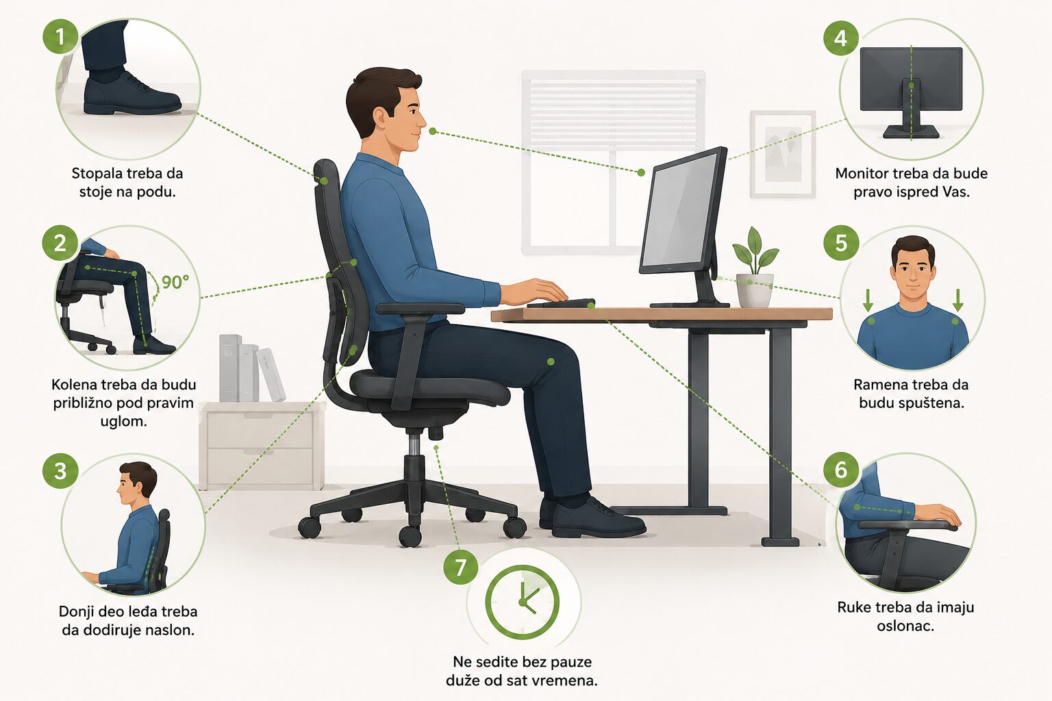 Ilustracija pravilnog ergonomskog sedenja za računarom sa prikazom položaja stopala, kolena, leđa, monitora, ramena i ruku.