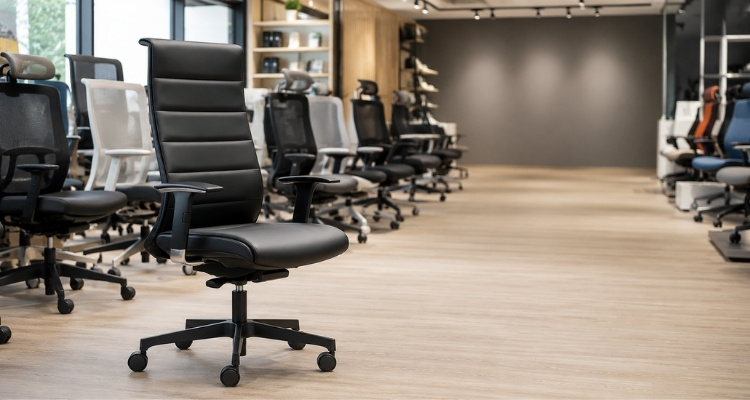 Kancelarijske stolice izložene u modernom salonu kancelarijskog nameštaja sa ergonomskom crnom stolicom u prvom planu.