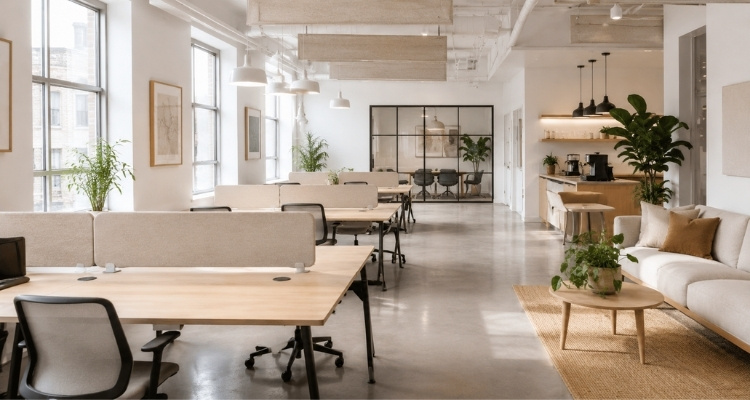 Svetao coworking prostor u skandinavskom stilu sa zajedničkim radnim stolovima, ergonomskim stolicama, coffee corner zonom i lounge delom.
