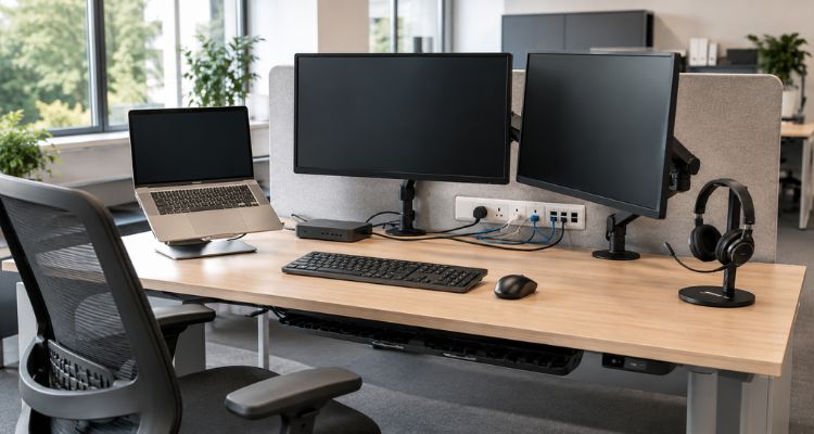 Ergonomski uređeno kancelarijsko radno mesto sa dva monitora, laptopom na postolju i organizovanom IT opremom