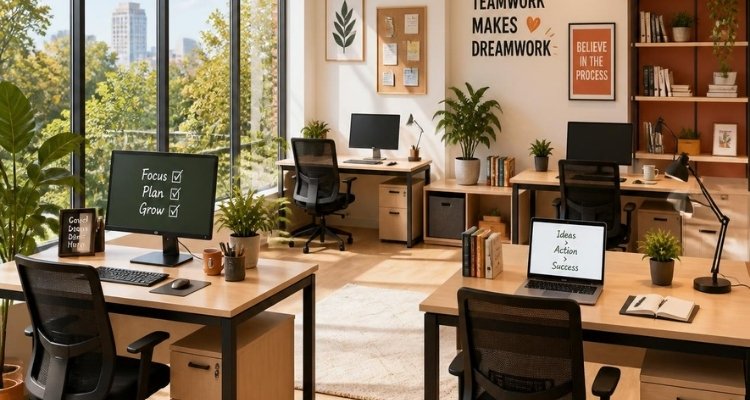 Moderna kancelarija sa četiri radna stola, ergonomskim stolicama i svetlim rasporedom za timski rad.