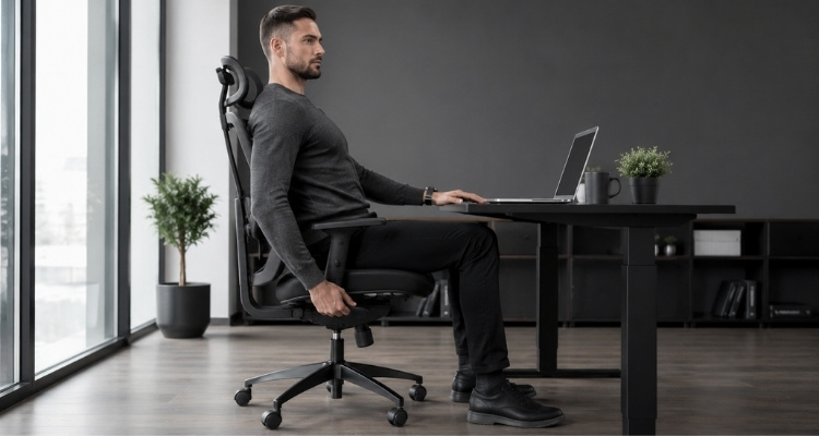 Visoka osoba podešava ergonomsku kancelarijsku stolicu za pravilan položaj sedenja.