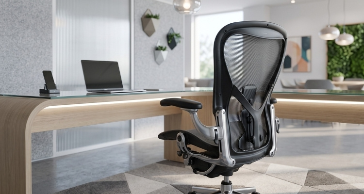 Mrežasta direktorska stolica sa ergonomskim naslonom u modernoj kancelariji.