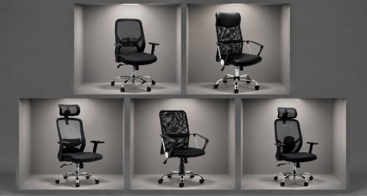 Pet ergonomskih kancelarijskih stolica izloženih u osvetljenim sivim kockama.