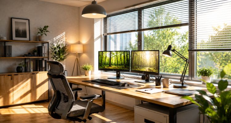 Svetla moderna kancelarija sa dva monitora, velikim prozorima, roletnama i lokalnom radnom lampom