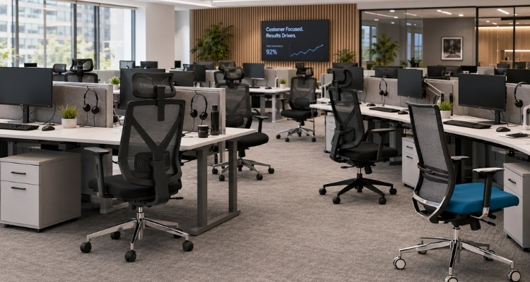 Najbolje stolice za call centre u modernom kancelarijskom prostoru sa radnim stolovima, monitorima i slušalicama.