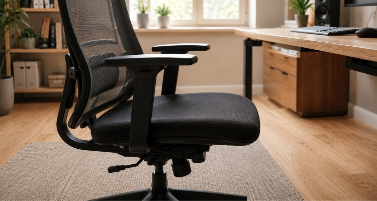 Ergonomska kancelarijska stolica sa dubokim sedištem u modernom radnom prostoru.