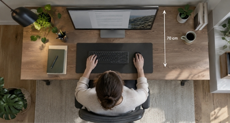 Pogled odozgo na kancelarijski sto dubine 70 cm sa monitorom, tastaturom i mišem.