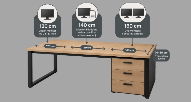 Infografik sa preporučenim širinama kompjuterskog stola za jedan i dva monitora