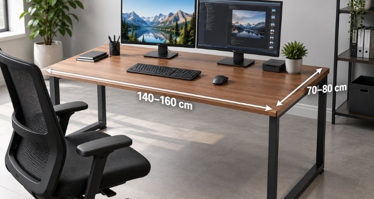 Sto za kompjuter širine 140–160 cm i dubine 70–80 cm sa dva monitora i radnom opremom.
