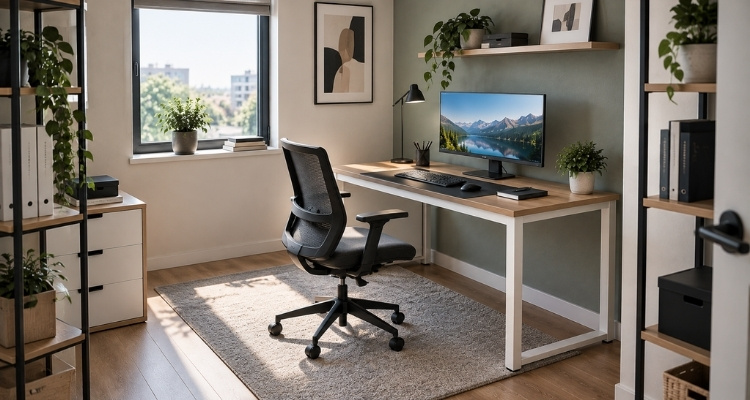 Kompaktan sto za kompjuter u manjoj kancelariji sa monitorom i dovoljno prostora za tastaturu i radnu opremu.