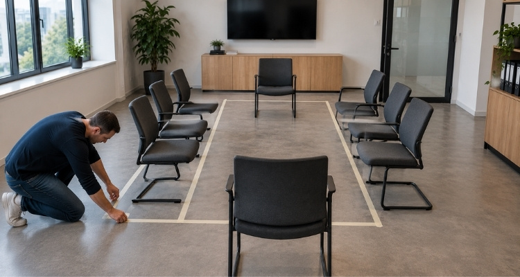 Provera rasporeda sale za sastanke obeležavanjem dimenzija konferencijskog stola lepljivom trakom na podu.