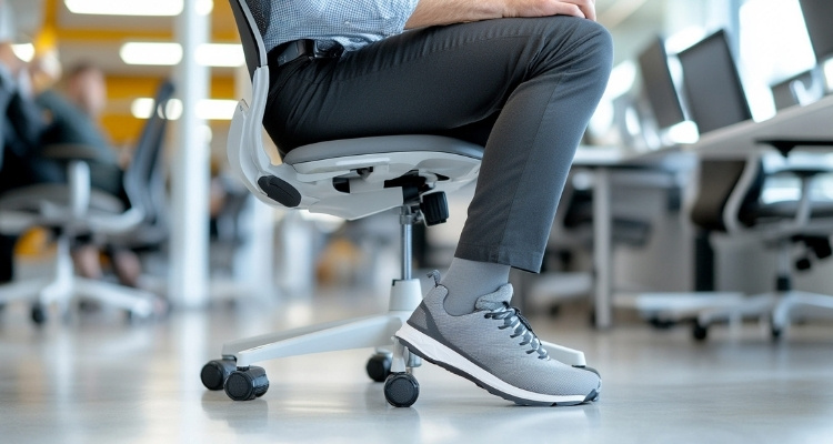 Muškarac sedi na ergonomskoj kancelarijskoj stolici, sa stopalima oslonjenim na pod.